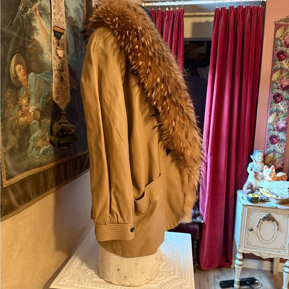 vintage 1980s Marvin Ri hard Tan Leather Jacket with Huge Fur Collar large - Picture 2 of 10